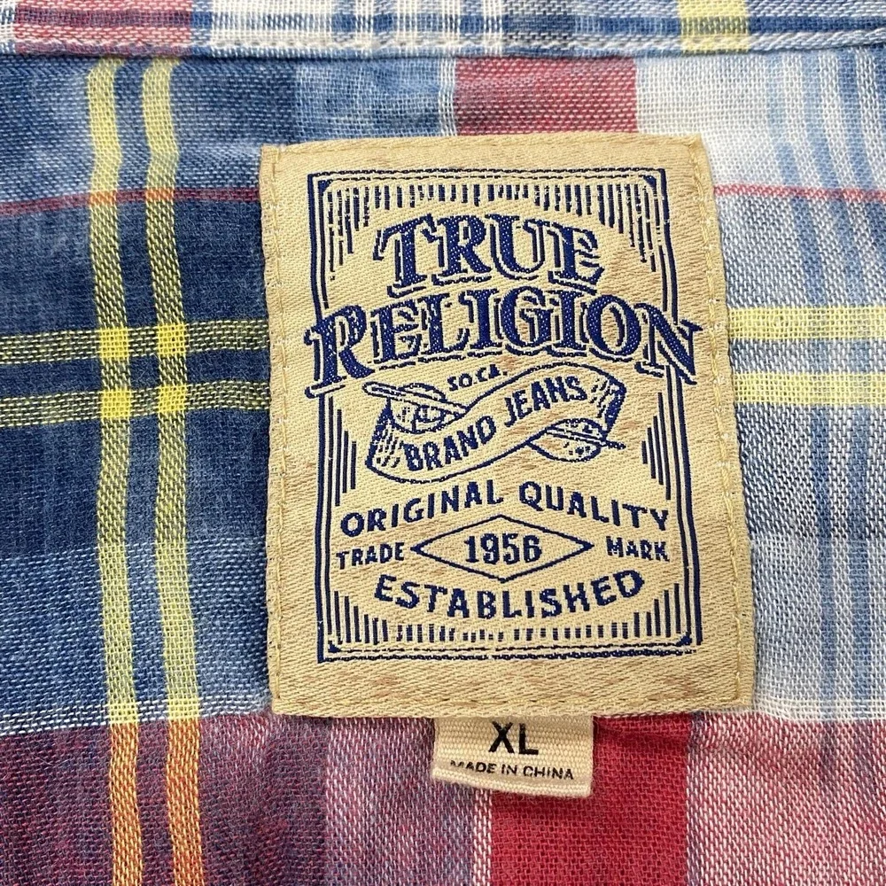 True Religion Western Plaid Shirt Mens XL Acid Wash Long Sleeve Button Up